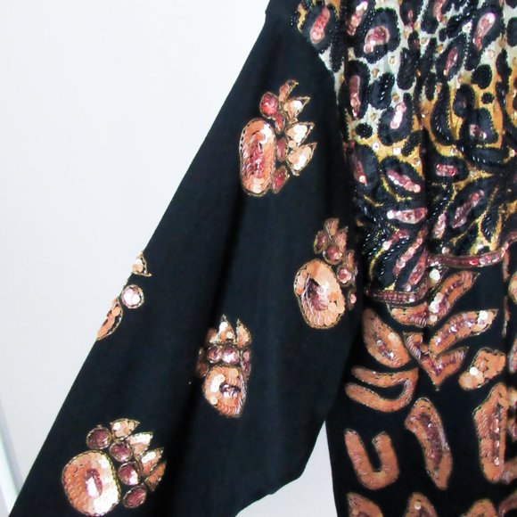 RARE! VINTAGE MODI DENIM SEQUIN JEAN JACKET in Black Animal Print Design M/L - Picture 5 of 11